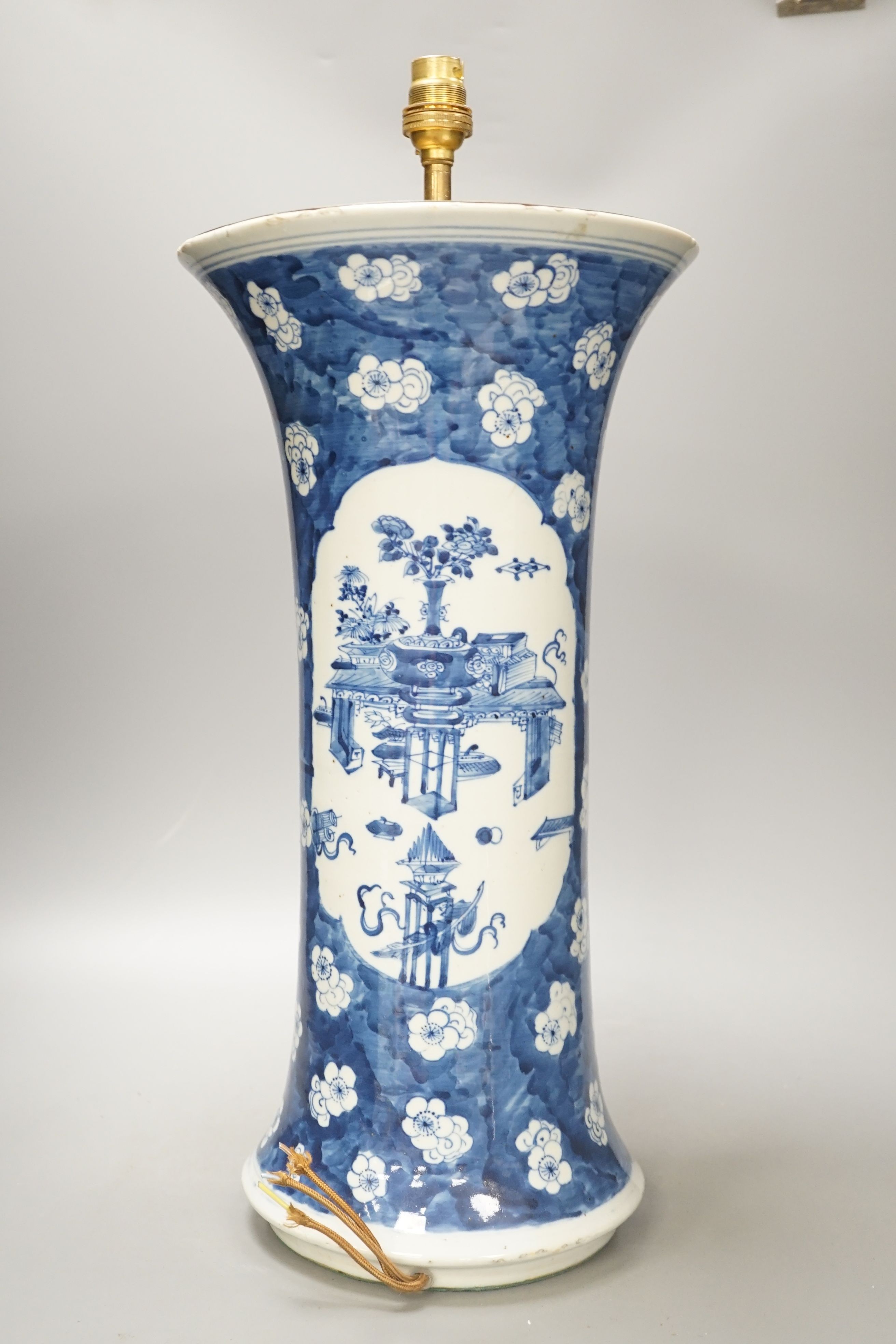 A large Chinese blue and white vase, early 20th century, converted to a lamp base, 46cm